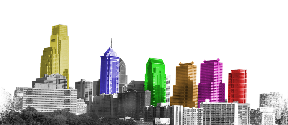 DownTownSounds cityscape header featuring colorful downtown buildings